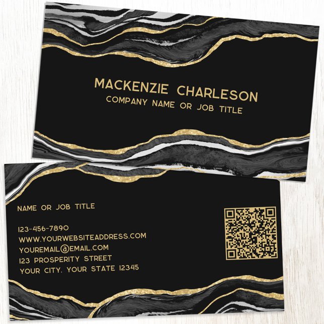 Black Marble Agate Geode Gold Glitzer QR Code Visitenkarte (Black marble agate geode gold glitter effect elegant business card with QR code)