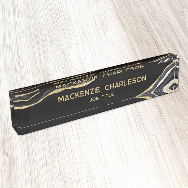 Black Marble Agate Gold Glitzer Beruflich Namensplakette (Black and gold marble agate watercolor desk name plate with custom text)
