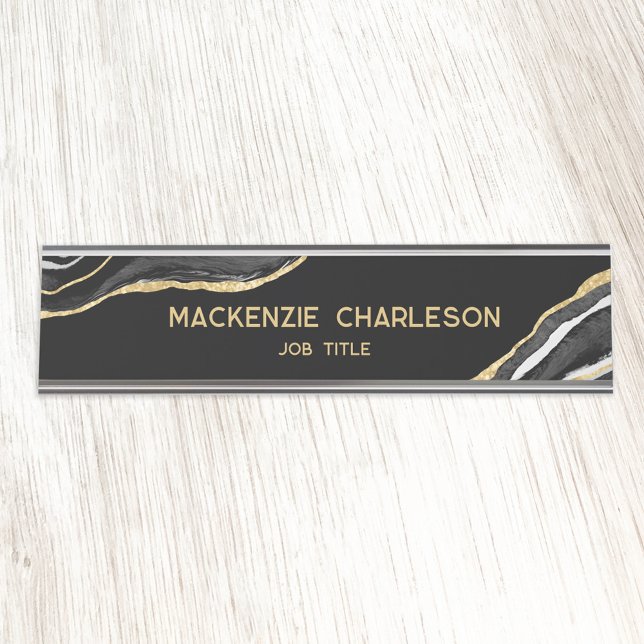 Black Marble Agate Gold Glitzer Beruflich Schreibtischnamensplakette (Black and gold agate marble watercolor personalized custom text professional name plate)