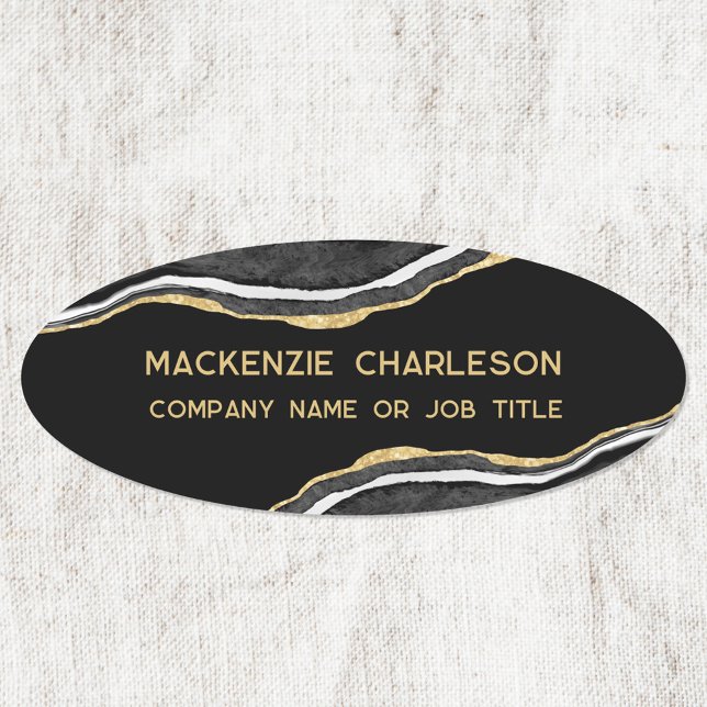 Black Marble Agate Gold Glitzer Business Namensschild (Black watercolor agate marble business name tag badge with custom text)