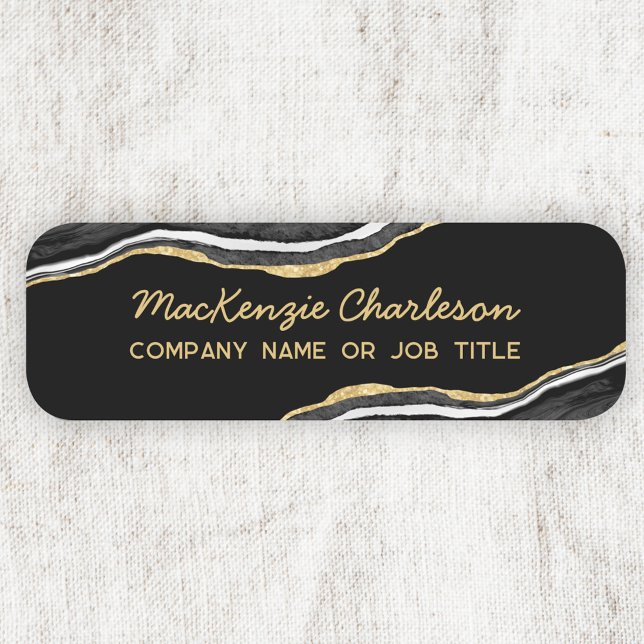 Black Marble Agate Gold Glitzer Business Namensschild (Black marble agate geode gold effect modern script font business name badge or tag)
