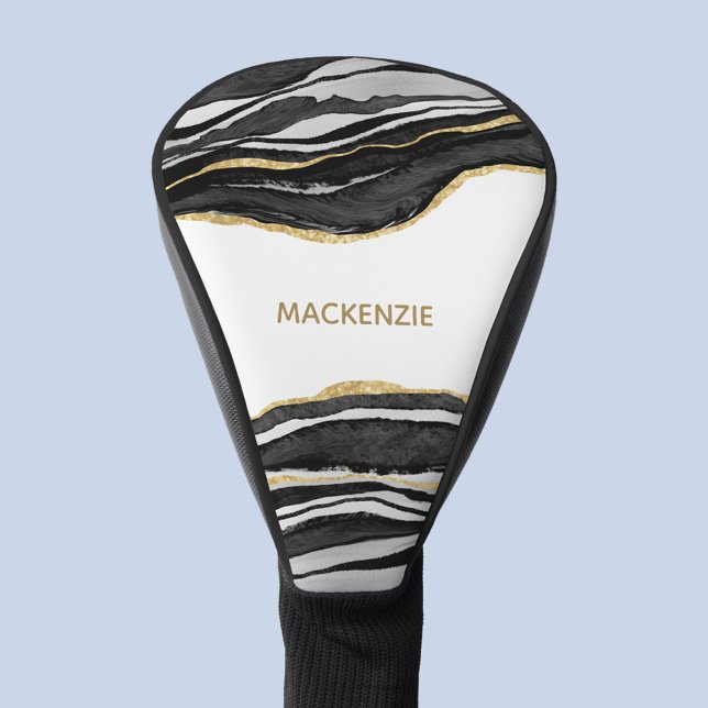 Black Marble Agate Gold Glitzer Personalisiert Golf Headcover (Black agate marble watercolor personalized name golf head cover)