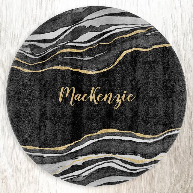 Black Marble Agate Gold Glitzer Personalisiert Schneidebrett (Black agate marble gold glitter effect personalized name cutting board)