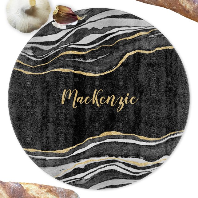 Black Marble Agate Gold Glitzer Personalisiert Schneidebrett (Black agate marble watercolor personalized name glass cutting board)