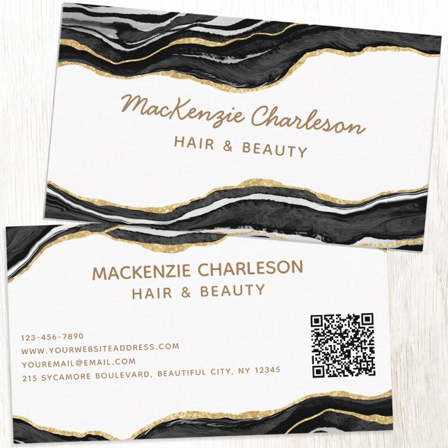 Black Marble Agate Gold Glitzer QR Code Visitenkarte (Black and white agate marble faux gold custom business card with QR code)