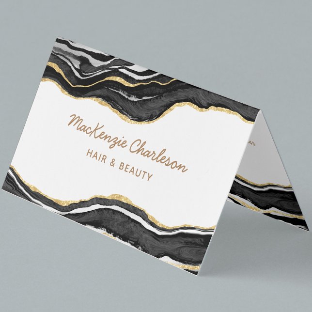 Black Marble Agate Gold Glitzer QR-Code Visitenkarten (Black and white agate marble with faux gold glitter custom text and QR code business card)