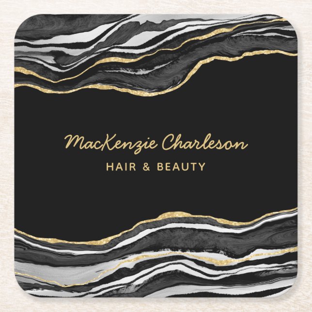 Black Marble Agate Gold Glitzer Rechteckiger Pappuntersetzer (Vorderseite)