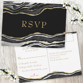 Black Marble Agate Gold Glitzer Wedding RSVP Karte