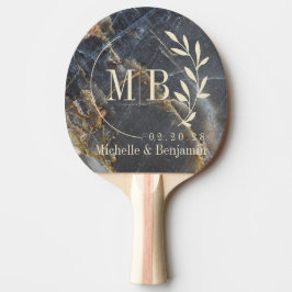 Black Marble & Gold Stone Leaf Wedding Monogram Tischtennis Schläger