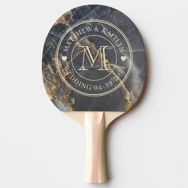 Black Marble & Gold Stone Wedding Monogram Heart Tischtennis Schläger (Vorderseite)