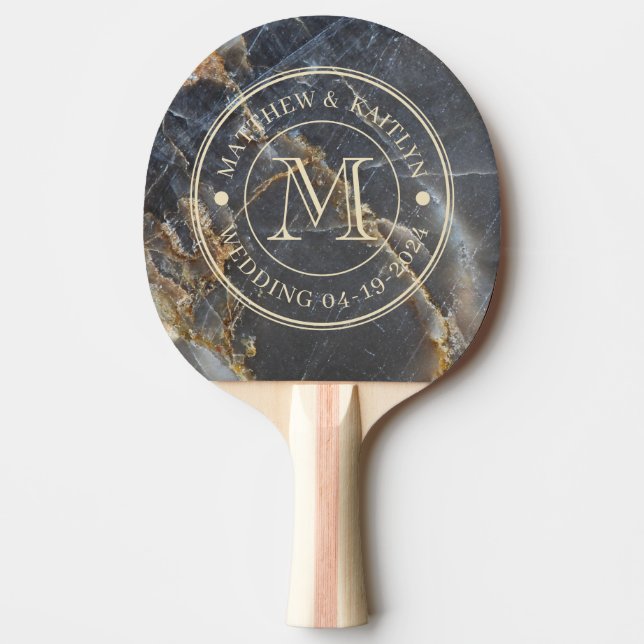 Black Marble & Gold Stone Wedding Monogram Tischtennis Schläger (Vorderseite)