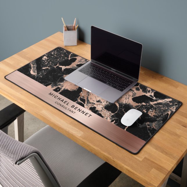 Black Marble Imitate Rose Gold Metallic Business Schreibtischunterlage (Büro 2)