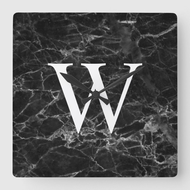 Black Marble Initial Square Kitchen Wall Clock Quadratische Wanduhr (Vorderseite)