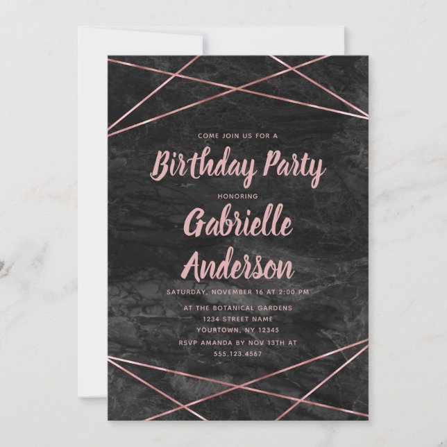 Black Marble Rose Gold Geburtstagsparty Einladung (Vorderseite)