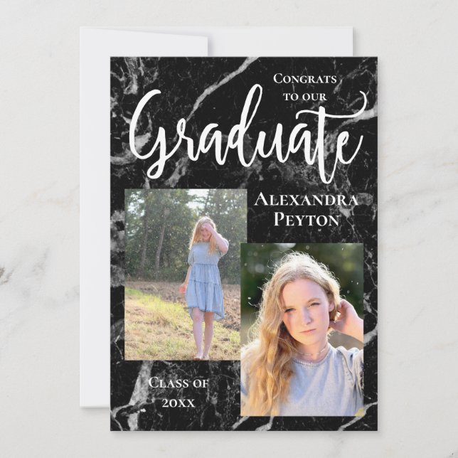 Black Marble White Script Foto Abschluss Einladung (Vorderseite)