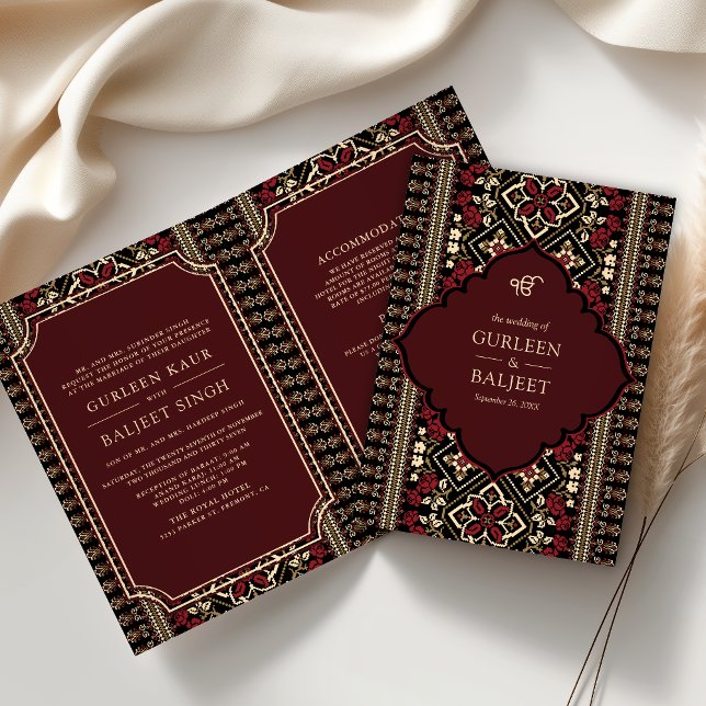 Black Maroon Red Ikat All in One Sikh Wedding Einladung (Von Creator hochgeladen)