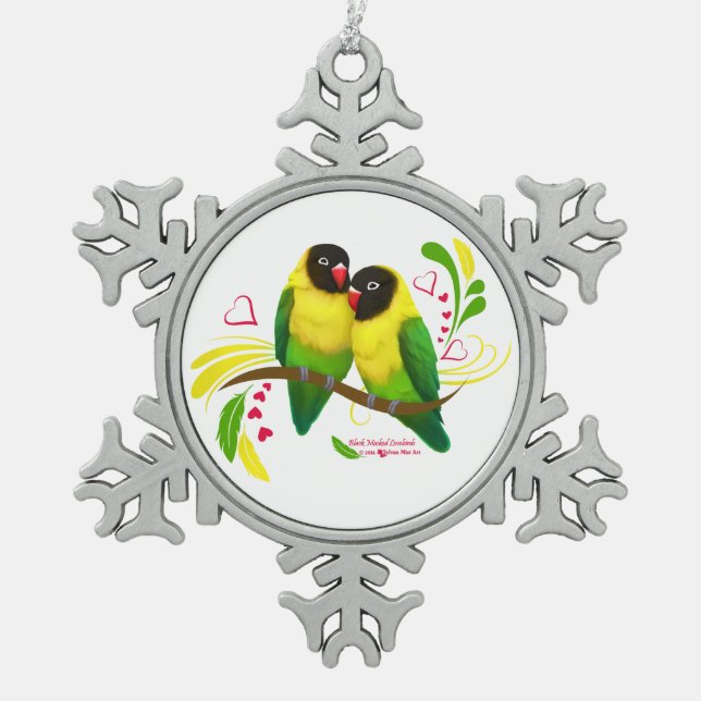 Black Masked Lovebirds Schneeflocken Zinn-Ornament (Vorderseite)