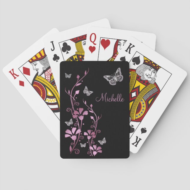 Black Mauve Silver Butterfly Playing Cards Spielkarten (Rückseite)