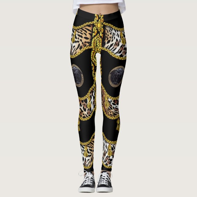 Black Medusa Leopard und Gold Tassel Black Leggings (Vorderseite)