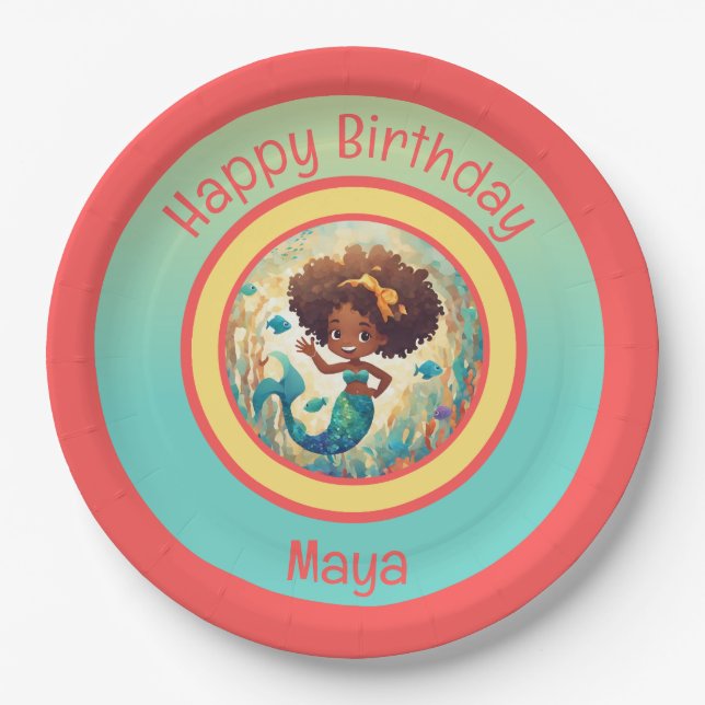 Black Mermaid Birthday Paper Plate Pappteller (Vorderseite)