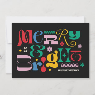 Black Merry & Bright Modern Type Mix Holiday Card Feiertagskarte