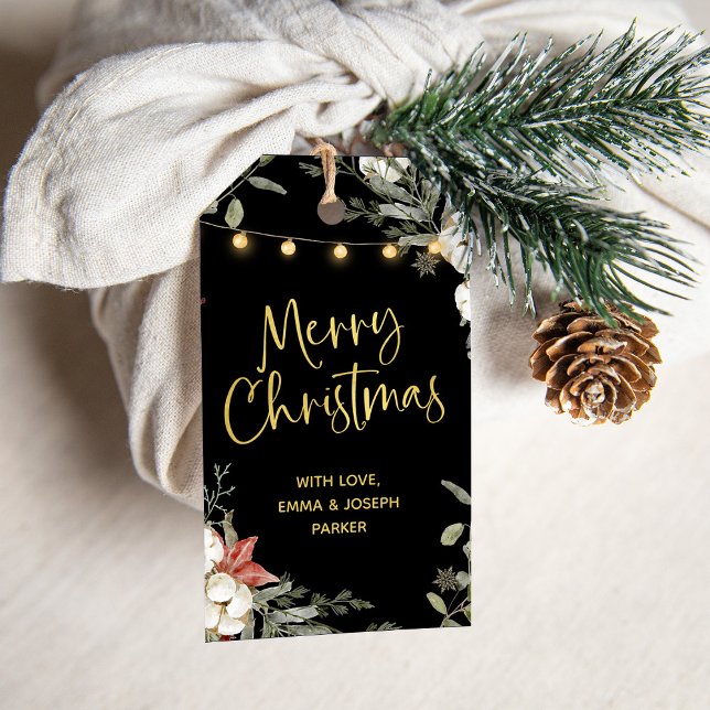 Black Merry Christmas | Winter Floral und Gold Geschenkanhänger (Von Creator hochgeladen)