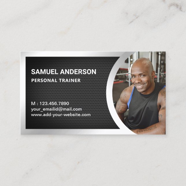 Black Mesh Silver Fitness Personal Trainer Foto Visitenkarte (Vorderseite)