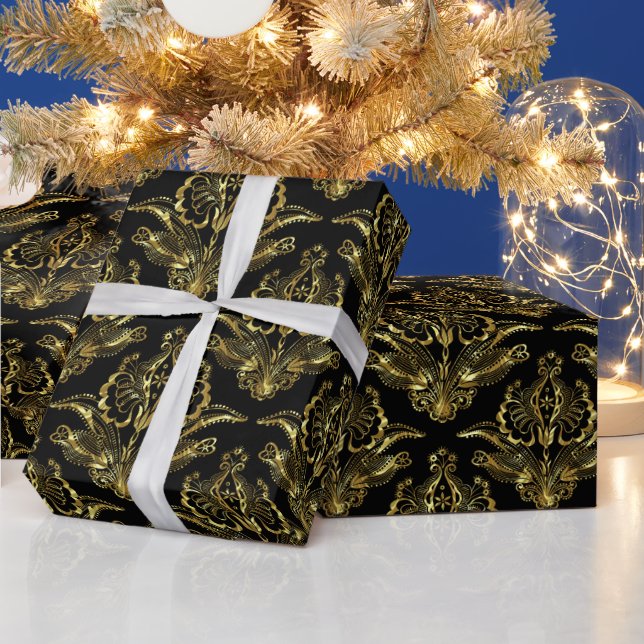 Black & Metallic Gold Look Floral Damasks Pattern Geschenkpapier (Feiertage)