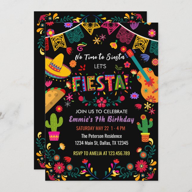 Black Mexican Birthday Party Fiesta, No Siesta Einladung (Vorne/Hinten)