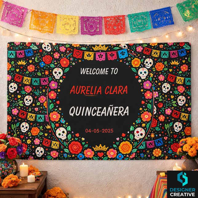 Black Mexican Fiesta Floral Gold Tiara Quinceañera Banner (Black Mexican Fiesta Floral Gold Tiara Quinceañera Banner)