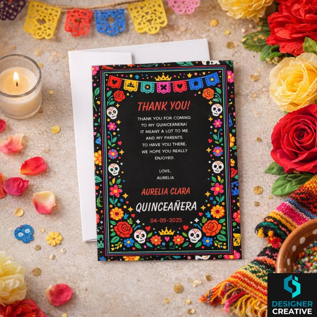 Black Mexican Fiesta Floral Gold Tiara Quinceañera Dankeskarte (Black Mexican Fiesta Floral Gold Tiara Quinceañera Thank You Card)