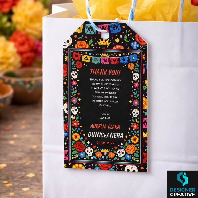 Black Mexican Fiesta Floral Gold Tiara Quinceañera Geschenkanhänger (Black Mexican Fiesta Floral Gold Tiara Quinceañera Gift Tags
)