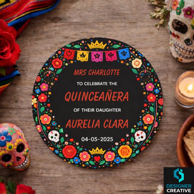 Black Mexican Fiesta Floral Gold Tiara Quinceañera Runder Aufkleber (Black Mexican Fiesta Floral Gold Tiara Quinceañera Classic Round Sticker
)