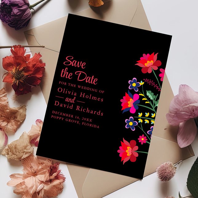 Black Mexican Floral Fiesta Save the Date Card Einladung (Black Mexican Floral Fiesta Save the Date Card on a table with colorful flowers.)