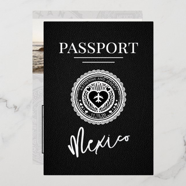 Black Mexico Passport Hochzeit Folieneinladung (Vorderseite/Rückseite)