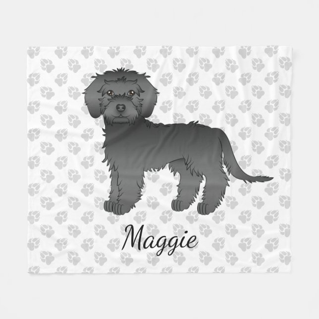Black Mini Goldendoodle Cartoon Dog & Name Fleecedecke (Vorderseite (Horizontal))