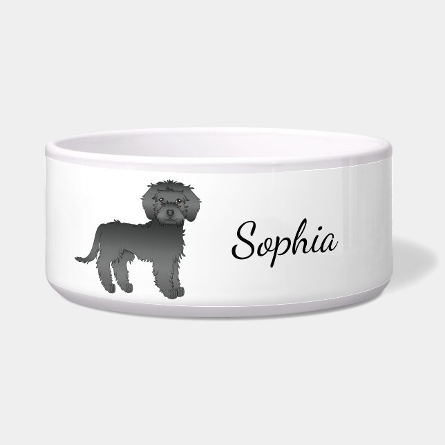 Black Mini Goldendoodle Cartoon Dog & Name Napf (Vorderseite)