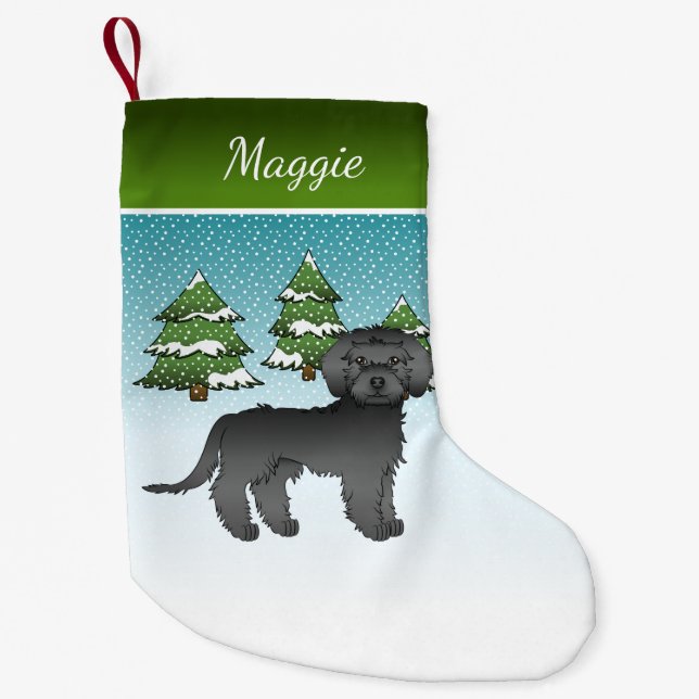Black Mini Goldendoodle - Winterwald & Name Kleiner Weihnachtsstrumpf (Vorderseite)