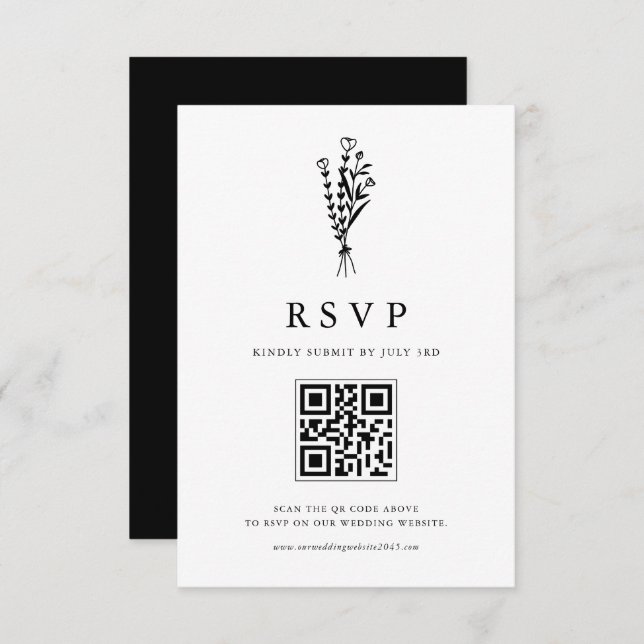 Black Minimailist Bouquet QR Code Wedding RSVP Karte (Vorne/Hinten)