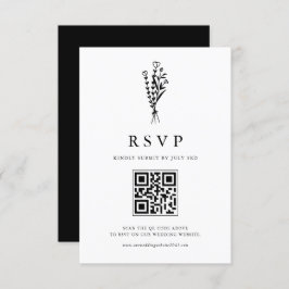 Black Minimailist Bouquet QR Code Wedding RSVP Karte