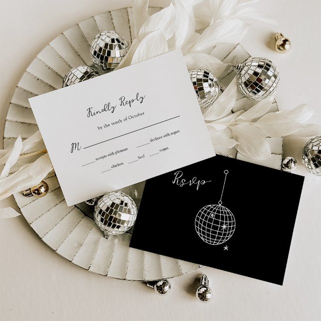 Black Minimal Disco Ball Wedding | Wahl RSVP Karte (Von Creator hochgeladen)