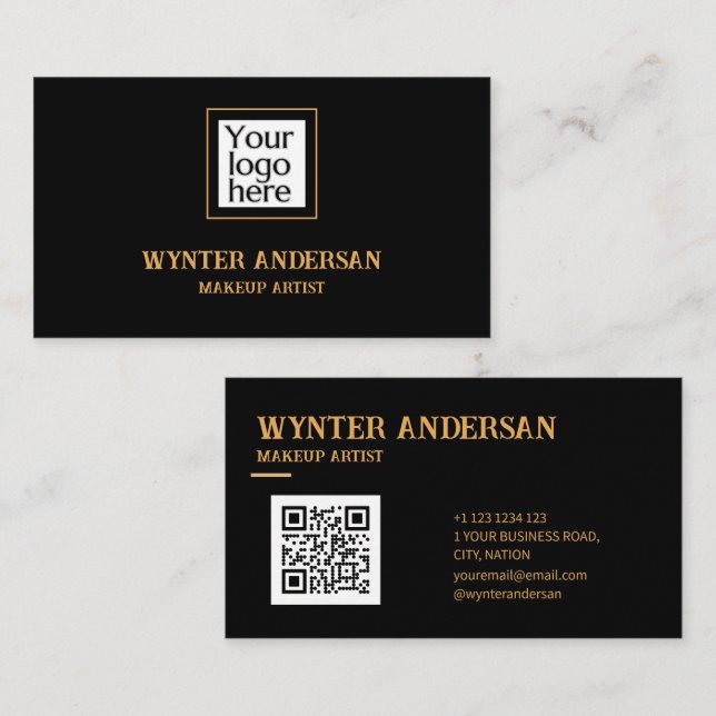 Black Minimal Gold Chic Luxus Custom Logo QR Code Visitenkarte (Vorne/Hinten)