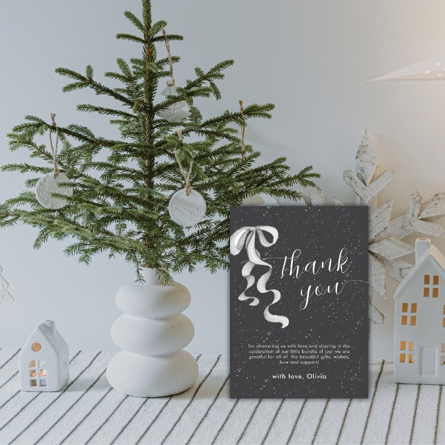 Black Minimal Silver Bow Winter Snow Baby Shower  Dankeskarte (Black Minimal Silver Bow Winter Snow Baby Shower Thank You Card)