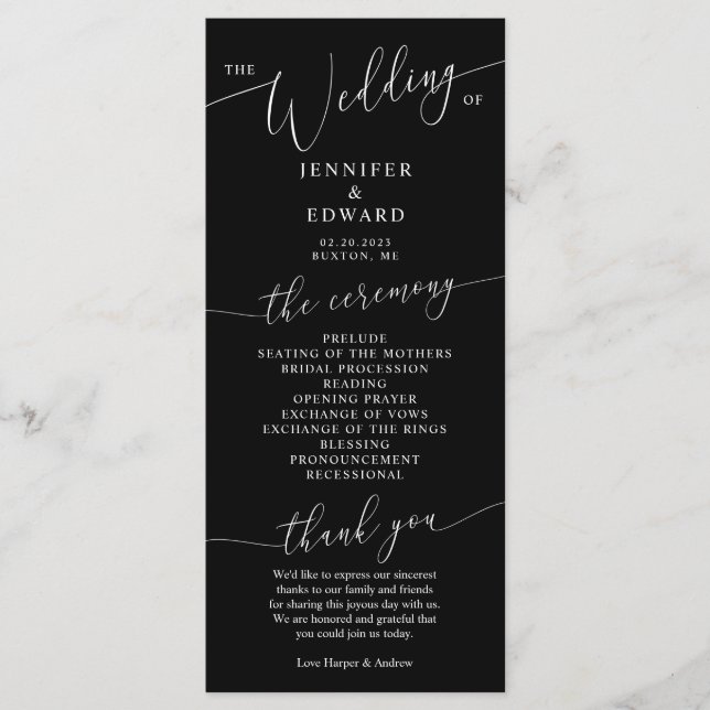 Black Minimal Wedding Zeremony Programm (Vorderseite)