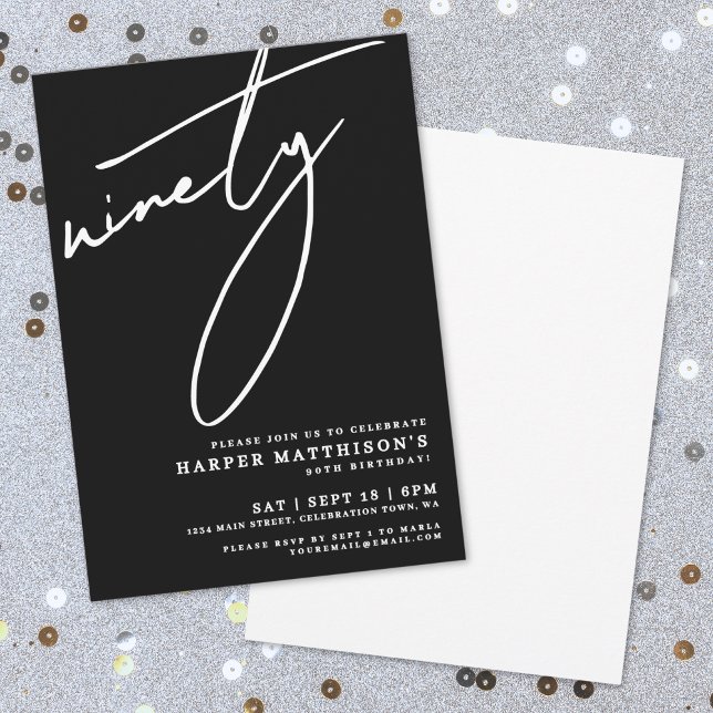 Black Minimalist Ninety 90th Birthday Party Einladung (Black Minimalist Ninety 90th Birthday Party Invitation)