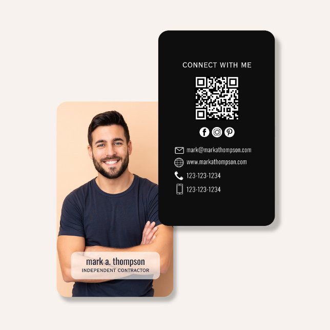 Black Minimalist QR Code Photo Connect Modern Visitenkarte (Black QR code business card with photo and sleek modern minimalist layout)