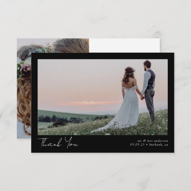 Black Minimalistisch 2 Foto Calligraphy Wedding Dankeskarte (Vorne/Hinten)