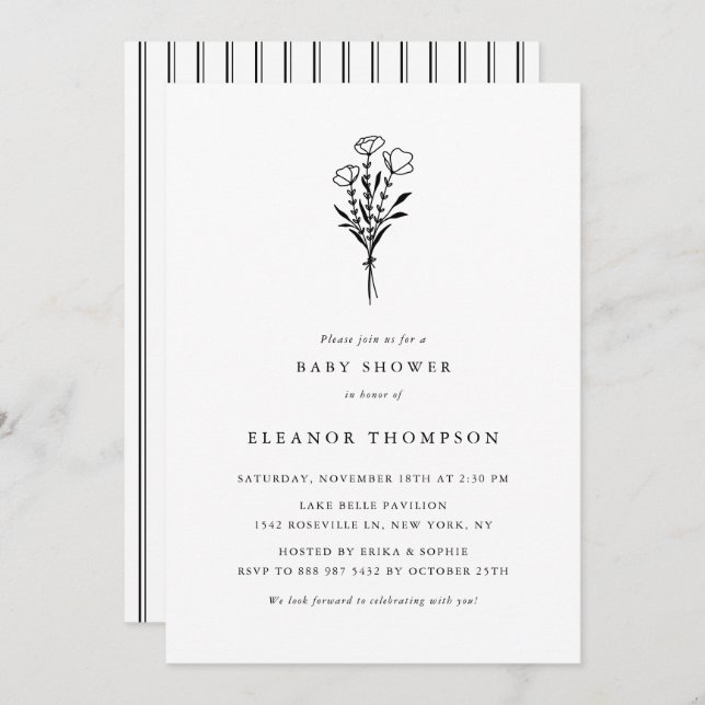 Black Minimalistisch Floral Bouquet Babydusche Einladung (Vorne/Hinten)
