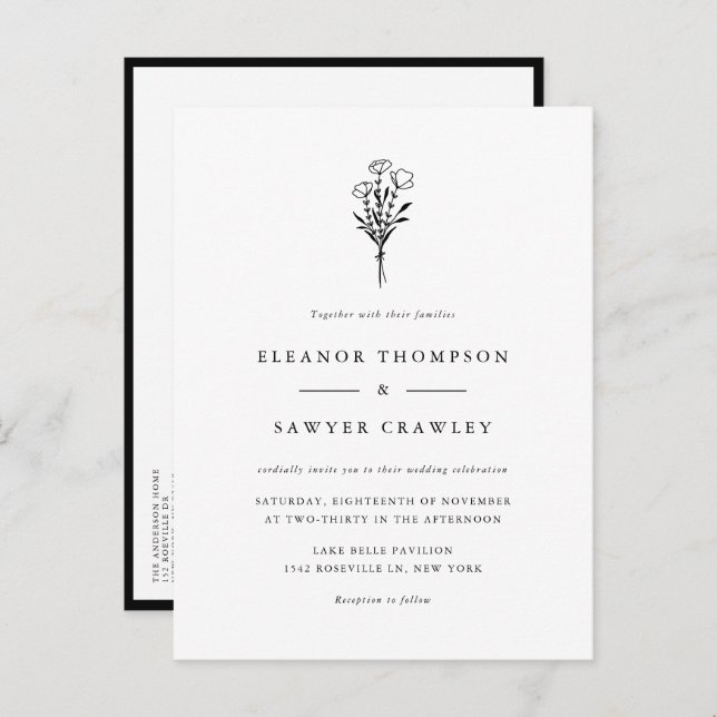 Black Minimalistisch Floral Bouquet Wedding Einladungspostkarte (Vorne/Hinten)