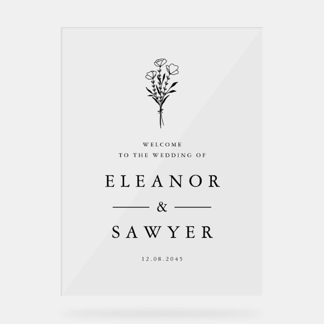 Black Minimalistisch Floral Bouquet Wedding Willko Acrylschild (Vorderseite)